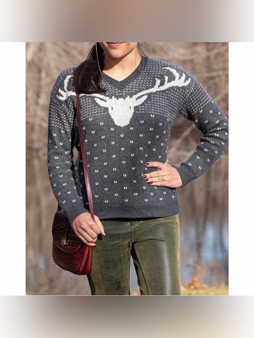 J. Crew Gray Crewneck Sweater with Cream Deer Motif